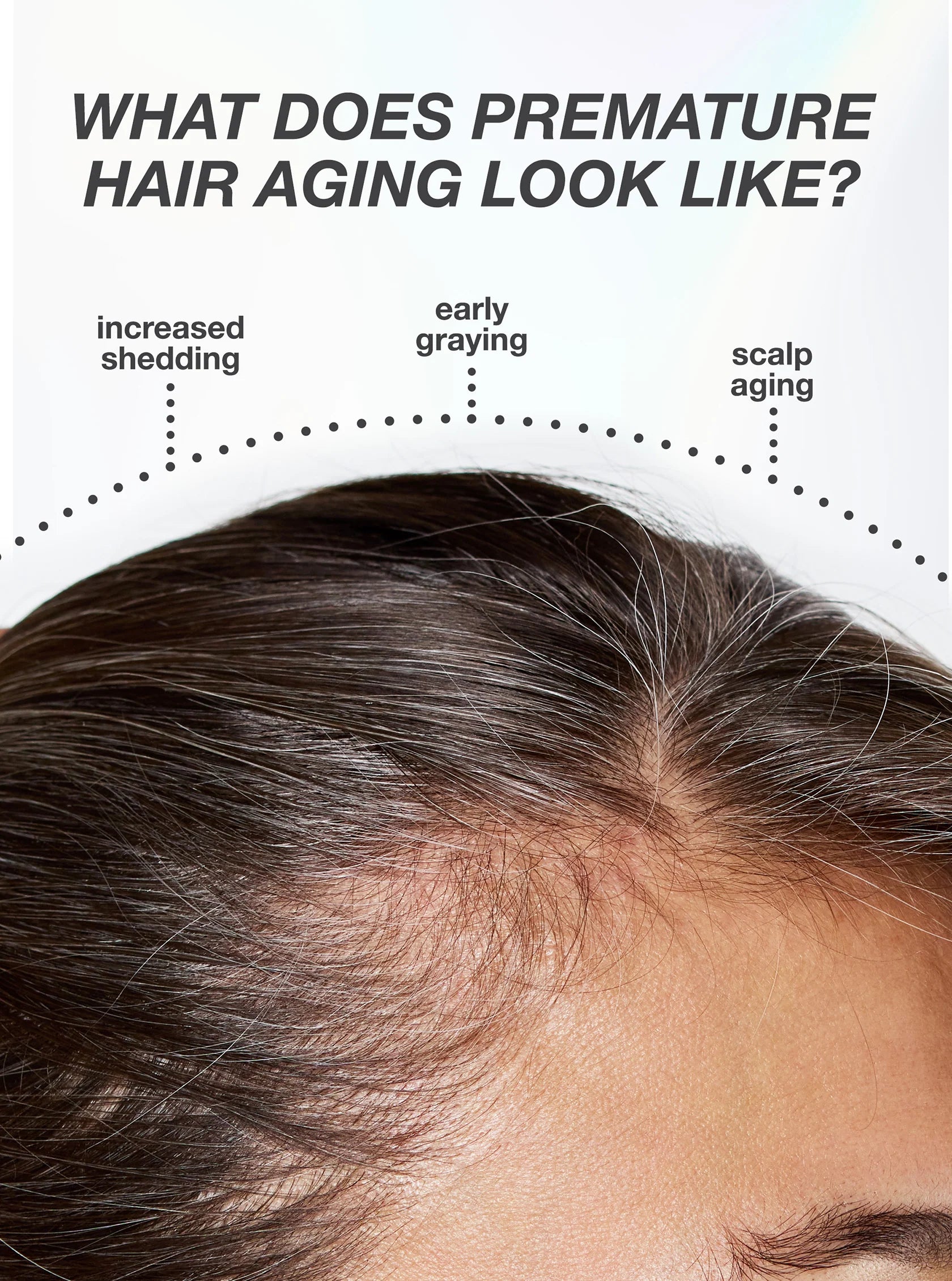 Load image into Gallery viewer, An informational graphic about scalp aging and hair shedding, with a large black hair silhouette split into external and internal sections. Text labels include lifestyle, air pollution, UV damage, bleach + color, chemical services, lack of sleep, hormonal changes, diet changes, and stress.
