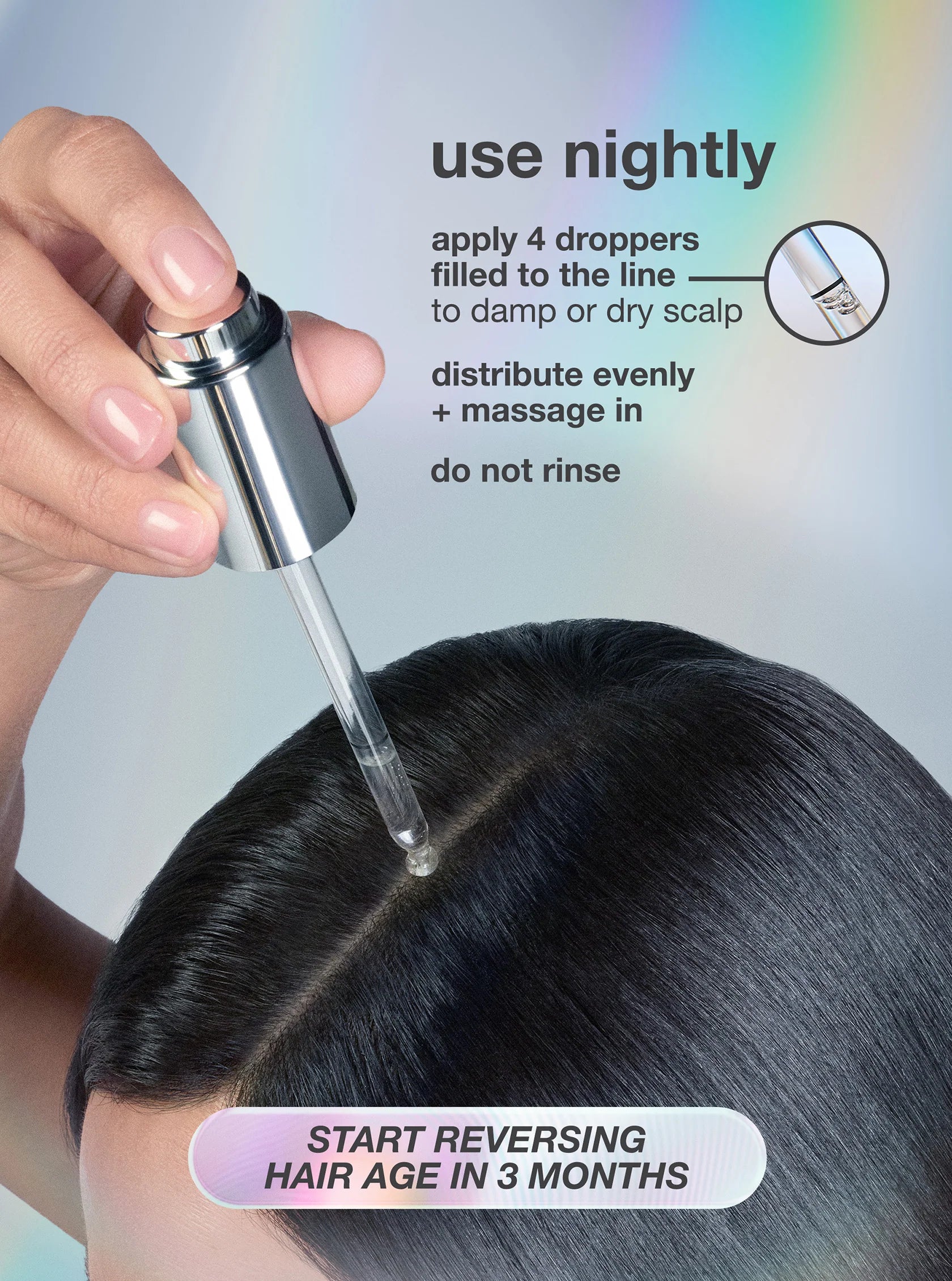 Load image into Gallery viewer, An informational graphic about scalp aging and hair shedding, with a large black hair silhouette split into external and internal sections. Text labels include lifestyle, air pollution, UV damage, bleach + color, chemical services, lack of sleep, hormonal changes, diet changes, and stress.
